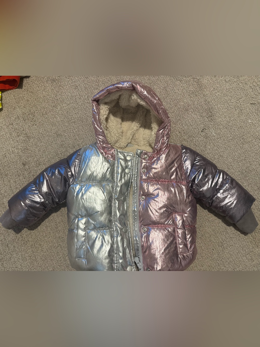 GAP Baby Metallic Pink and Silver Hooded Puffer Jacket